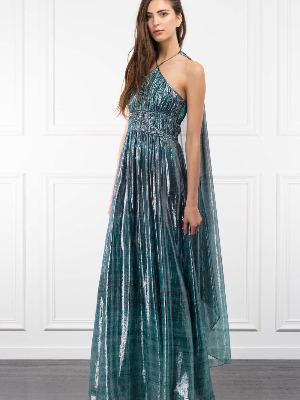 Rachel Zoe Resort Collection Silk Metallic Teal Halter Maxi Gown NWT